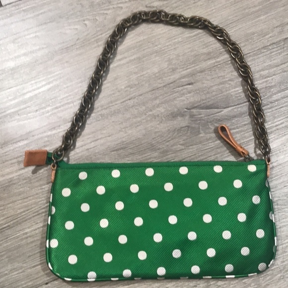 J Crew NWOT Green Polka Dot Silk Metal Chain Handle Mini Handbag - Picture 2 of 9